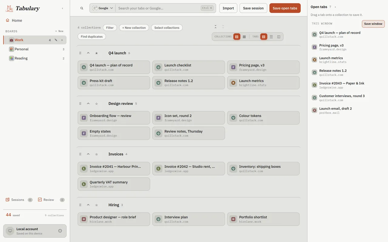 Tabulary library with saved tabs grouped into collections