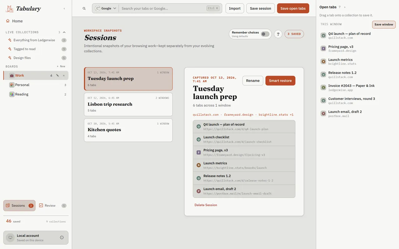The Sessions screen with a saved Tuesday launch prep session.